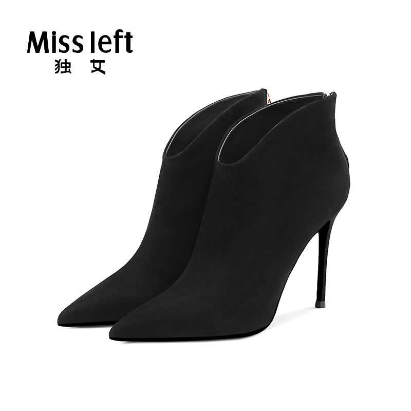 2025春冬新款羊猄皮高跟短筒靴黑色磨砂短靴女尖头靴子细跟及踝靴