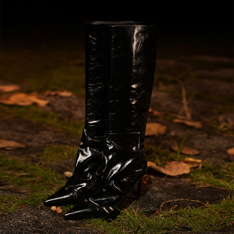 【绮想灵感】独女2025秋冬新款真皮绉绉长靴尖头高筒靴高跟女靴细跟