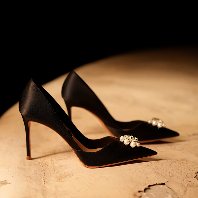 【珍珠密匙】独女气质黑色真丝高跟鞋女细跟2025新款宴会浅口单鞋子