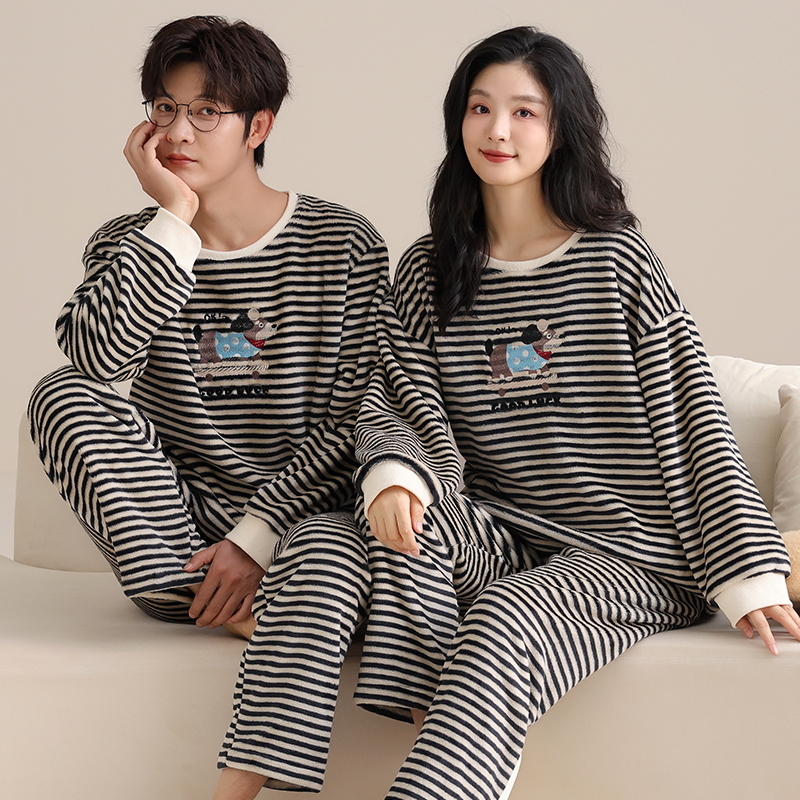 7932提花珊瑚绒套头情侣款睡衣长袖套装家居服女士睡衣男睡衣