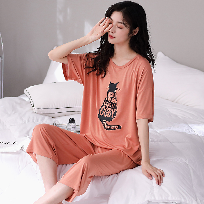 86106新款女士睡衣短袖七分裤套装舒适纯棉女士家居服