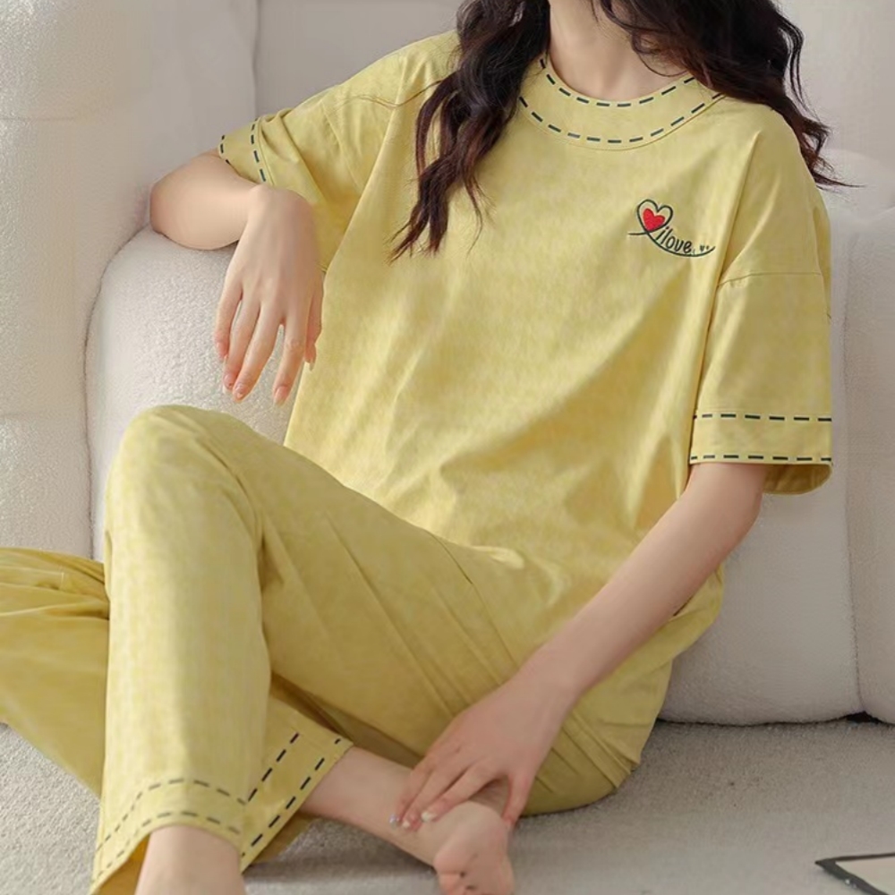 8081带胸垫纯棉女士睡衣套装可外穿短袖长裤女士家居服睡衣女套装