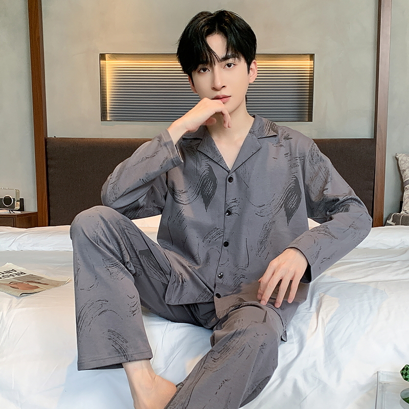 6011高品质纯棉睡衣长袖套装家居服开衫男士睡衣纯棉男睡衣