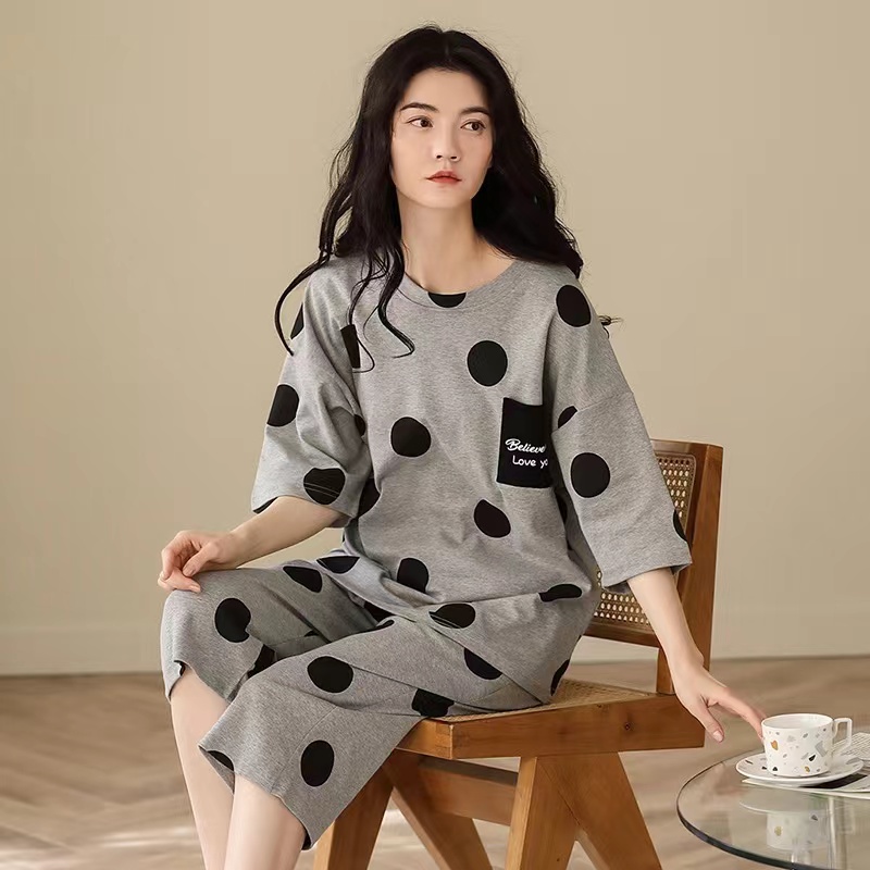 5089夏季纯棉女士睡衣套装短袖七分裤家居服睡衣女休闲家居服
