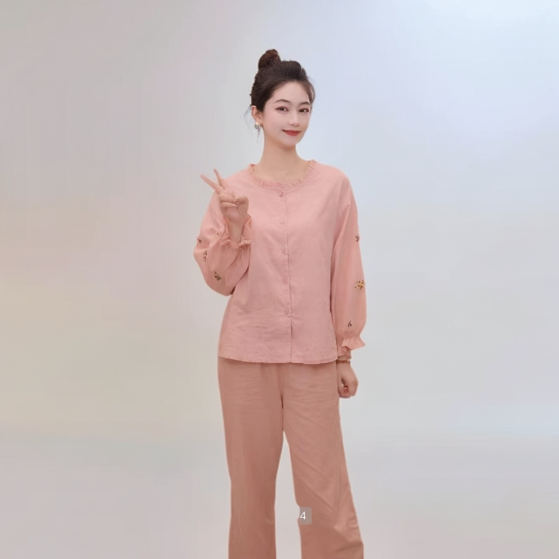 8016双面纯棉睡衣女士长袖长裤套装秋冬季纯棉家居服女士休闲睡衣