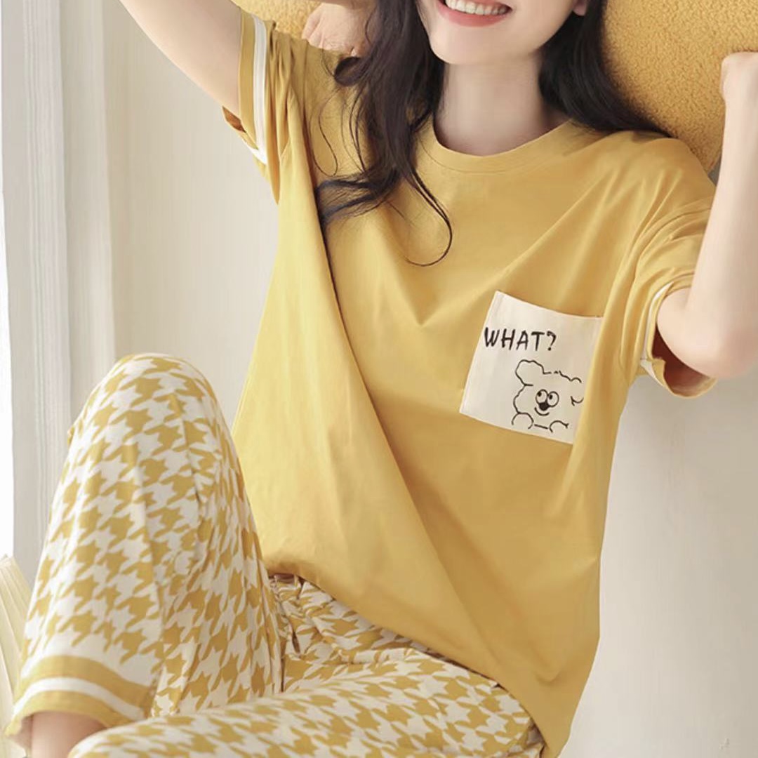 8027夏季女士带胸垫纯棉睡衣套装短袖长裤睡衣女套装女士家居服