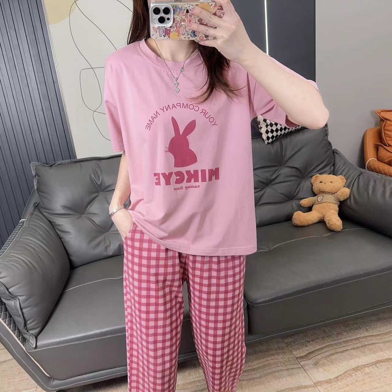 8033新款睡衣女士短袖长裤春秋套装时尚休闲家居服送短裤