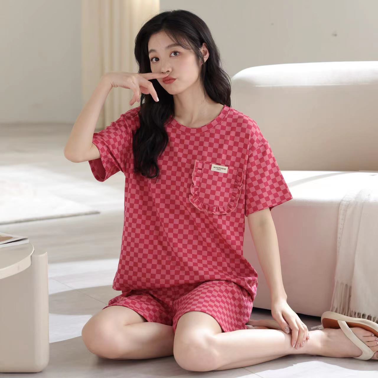 8034夏季女士睡衣短袖三件套装女士家居服套装纯棉睡衣女套装