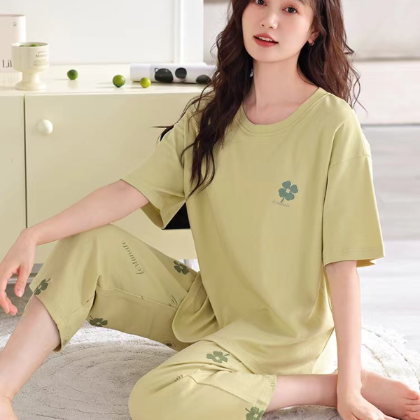 8073夏季女士纯棉睡衣套装短袖七分裤睡衣女套装可外穿女士家居服