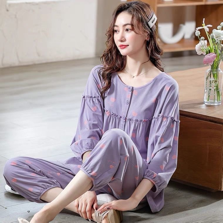 100%纯棉睡衣女春秋款新款紫色显瘦韩版青年宽松家居服套装夏