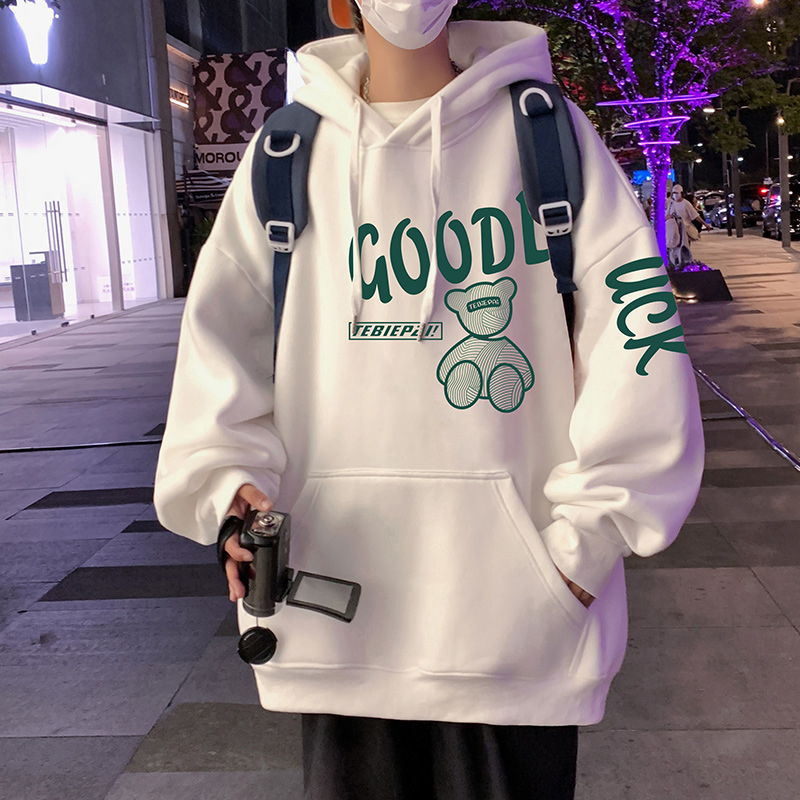 纯棉宽松字母卡通休闲连帽卫衣男青少年大码宽松衣服帽衫学生外套
