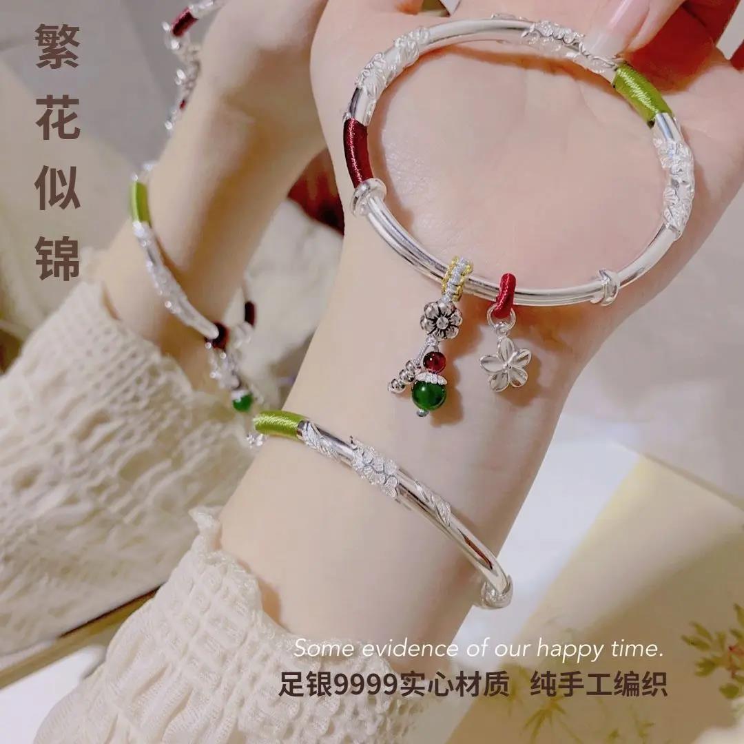 足银手镯 足银999手镯送妈妈繁花似锦民族风足银推拉银镯送女友