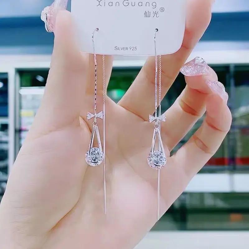 铁合金耳饰 老凮凰纯银耳线9999防过敏几何流苏耳环长款水滴锆石