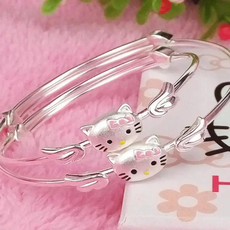 足银手镯   hello kitty儿童凯蒂猫大人小孩手镯女款实心925银镯