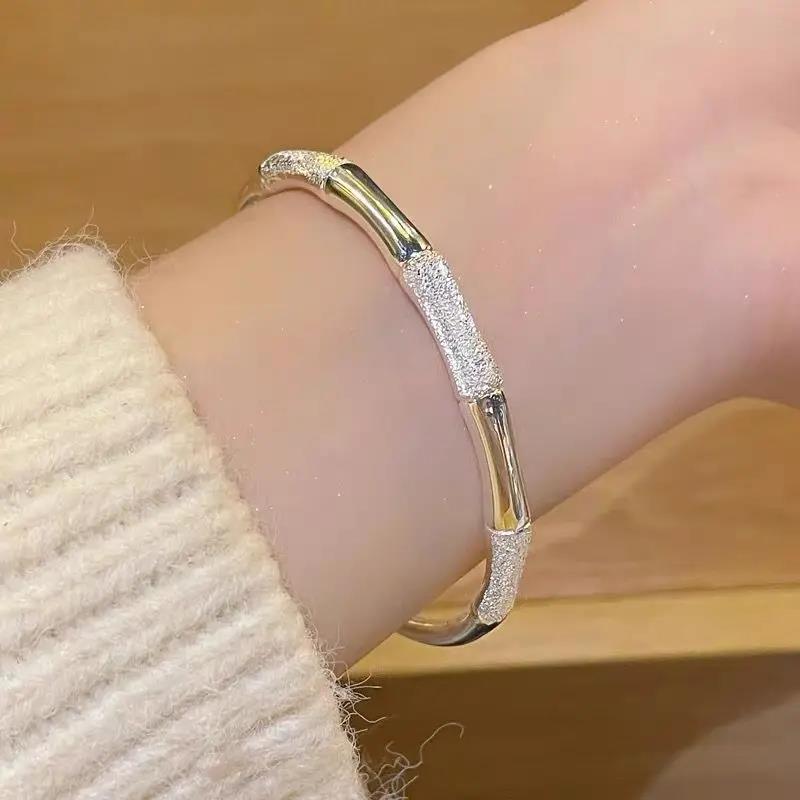 足银手镯 新款竹节银手镯女足银999实心莲花竹报平安手环送女友