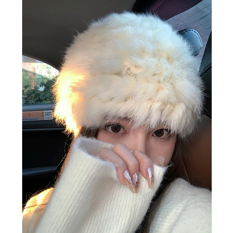 毛毛帽子女新款兔毛帽冬季保暖针织毛线大头围毛绒渔夫帽子显脸小