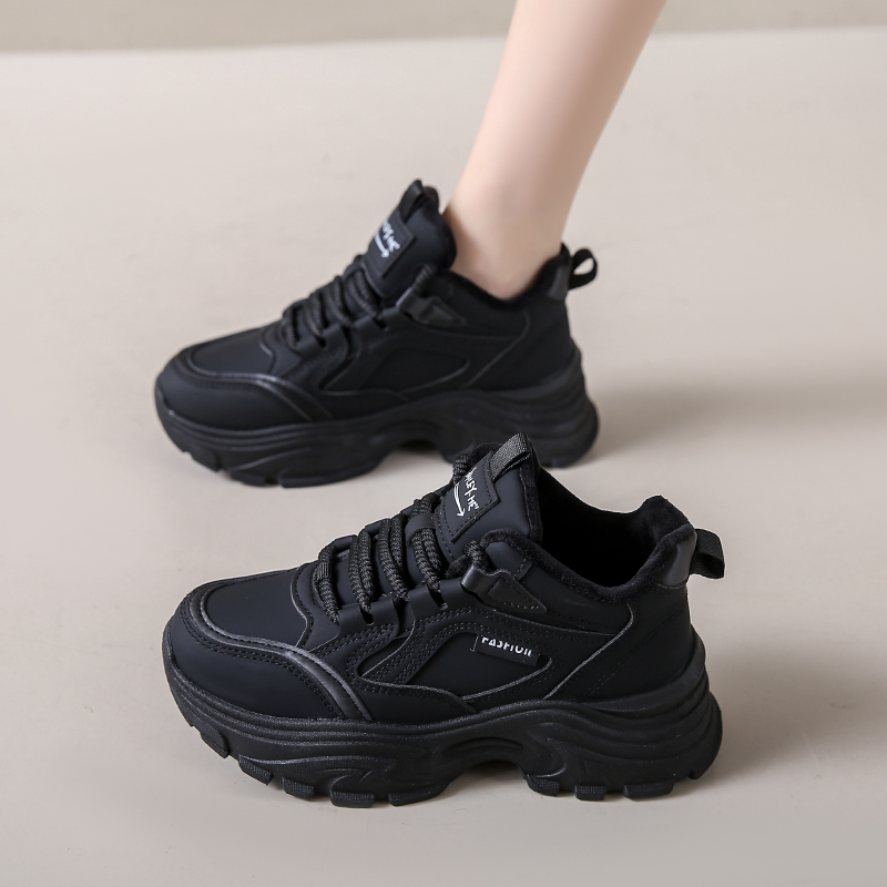 红蜻蜓牌加绒老爹鞋女黑色2023冬季新款加厚真皮保暖防滑运动鞋子
