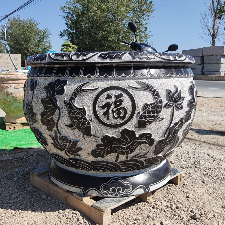 青石鱼缸花盆门海庭院石雕摆件福字大水缸荷花鲤鱼花盆石雕鱼缸