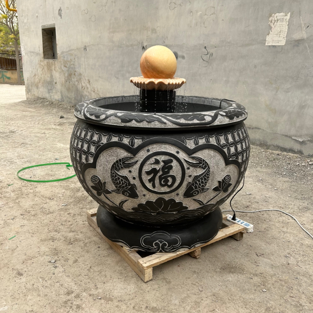 石雕鱼缸花盆水缸青石仿古风水球流水摆件庭院摆件装饰品