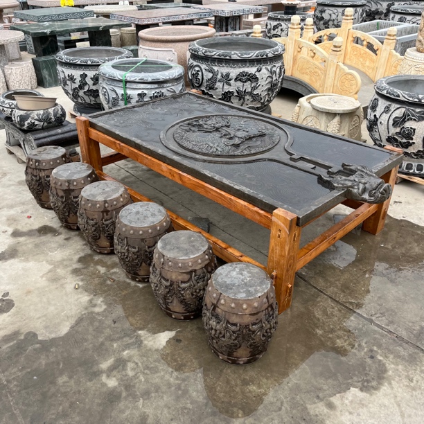 青石仿古石桌茶桌茶台茶几庭院摆件圆桌方桌龙纹大茶桌流水茶台