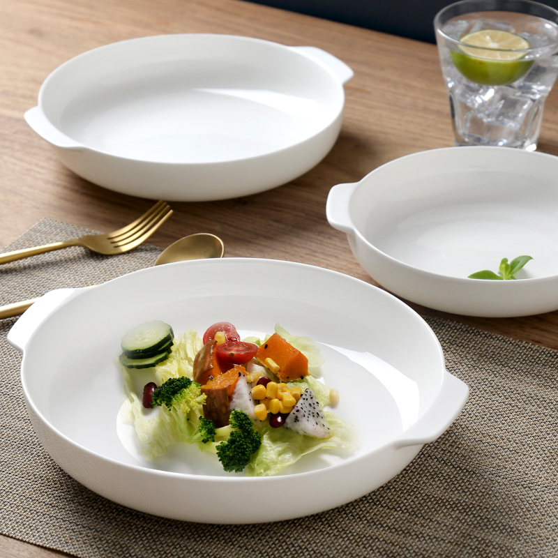 日式双耳汤盘子家用纯白简约带把手菜盘子沙拉盘 7/8/9英寸骨瓷碗