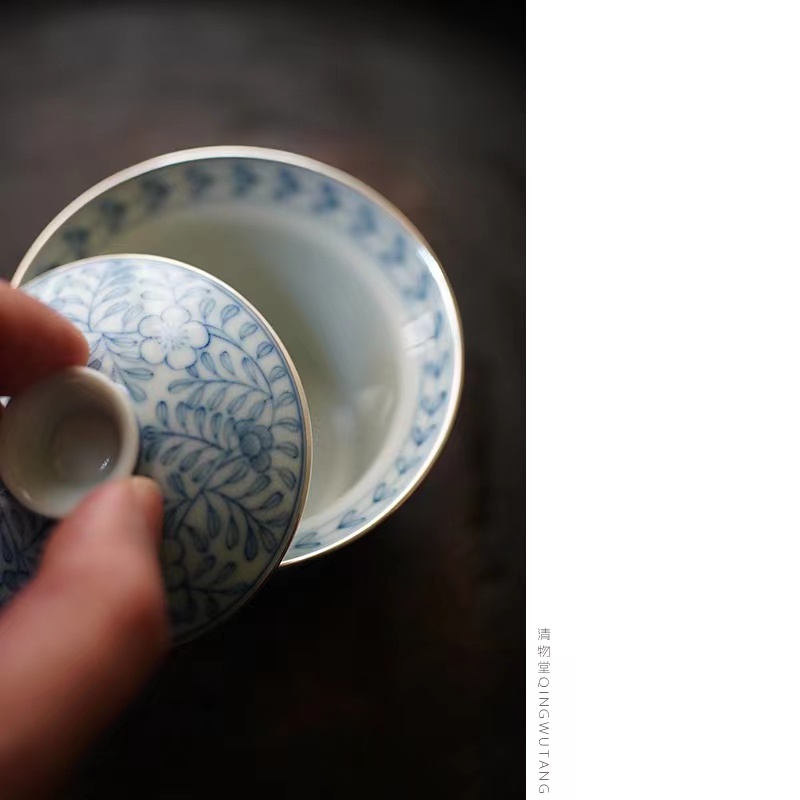 淸物堂青花千叶纹瓷盖碗工夫茶手工薄胎90CC小盖碗（包银口）中式