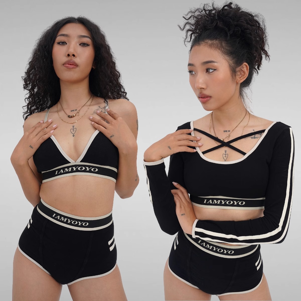 IAMYOYO宽边织带运动舞蹈带胸垫长袖一字领运动内衣运动基础短裤