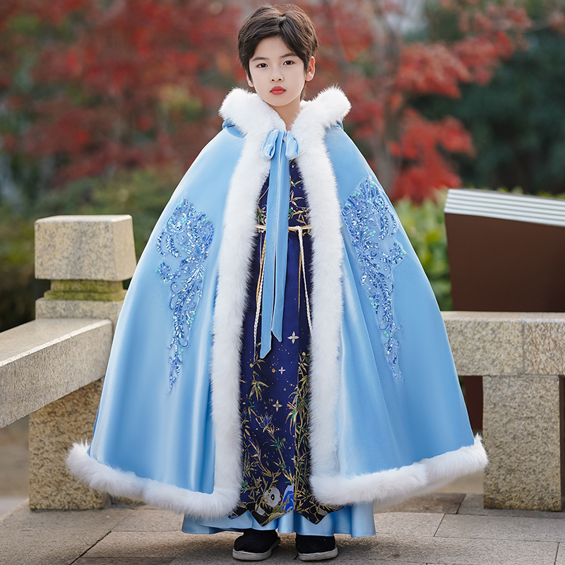 汉服男童冬季款斗篷披风加绒厚保暖男孩古装披肩外套唐装国风披肩