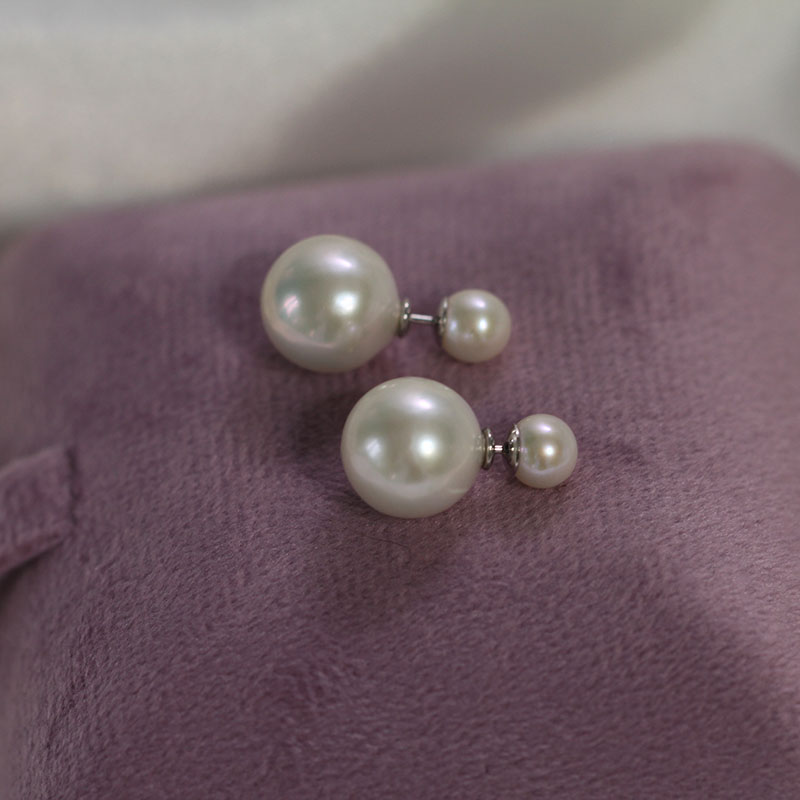 T 经典款天然珍珠大小珠双珠耳环耳钉/5-6+11-12mm/S925银