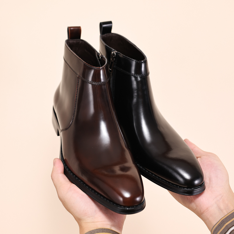 秋冬新款切尔西皮靴开边珠牛皮男短靴英伦马丁靴真皮商务高帮皮靴