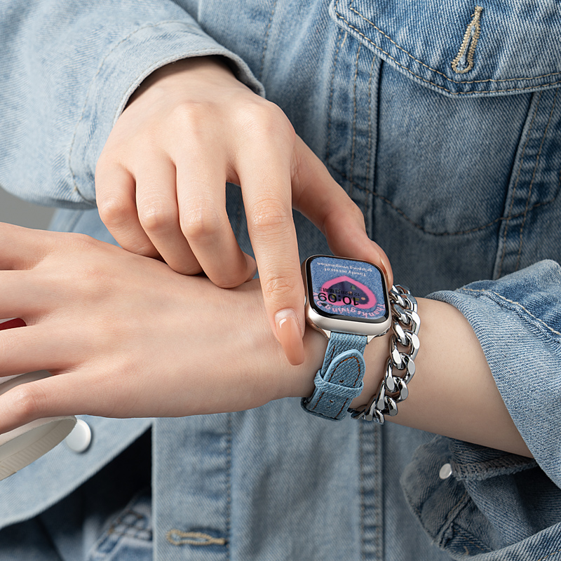 适用iwatch8苹果S9手表applewatch9表带8牛仔双圈S7帆布7夏天S6SE