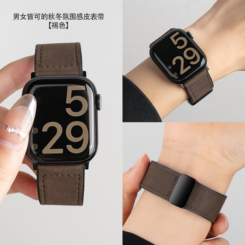 适用iwatch11苹果手表表带S10applewatch9疯马纹8真皮7表带ultra3