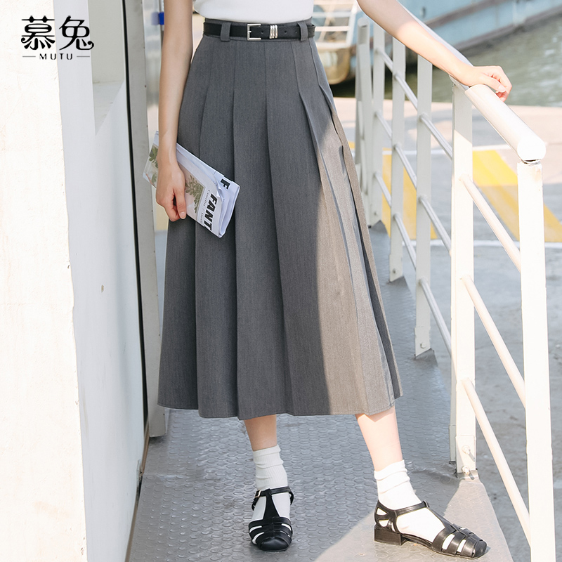 慕兔气质显瘦学院风高腰a字半身裙女秋季新款小个子显瘦百褶裙