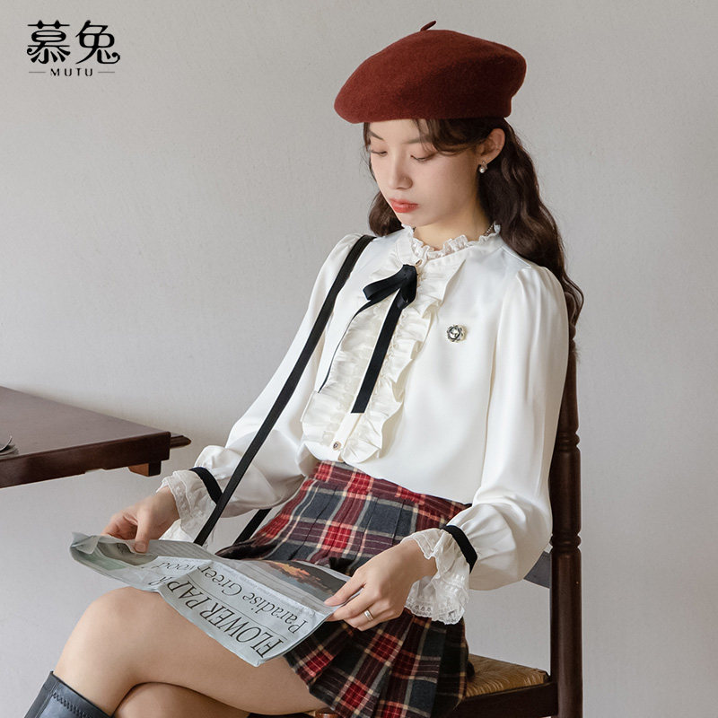 慕兔法式花边领长袖衬衫女2023年秋季新款设计感系带泡泡袖上衣