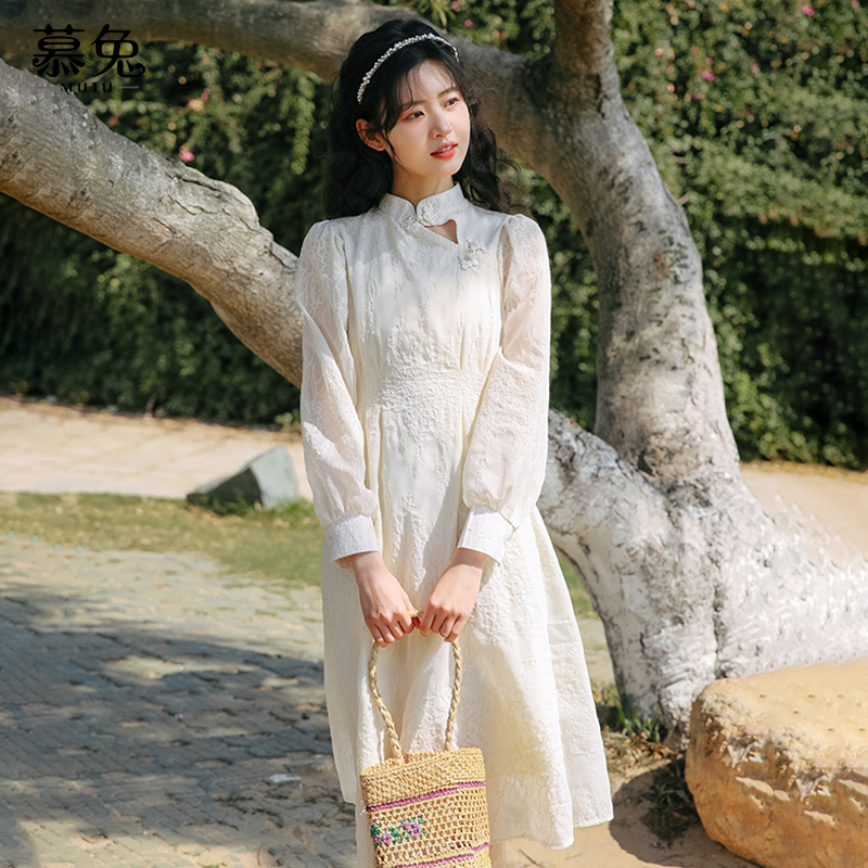 慕兔气质显瘦国风新中式连衣裙女2023年秋复古中国风长袖立领长裙