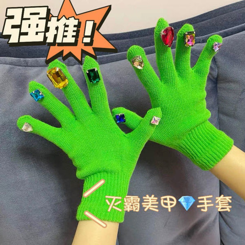 ins风镶钻灭霸美甲绝美手套秋冬创意个性彩色钻石加厚保暖手套