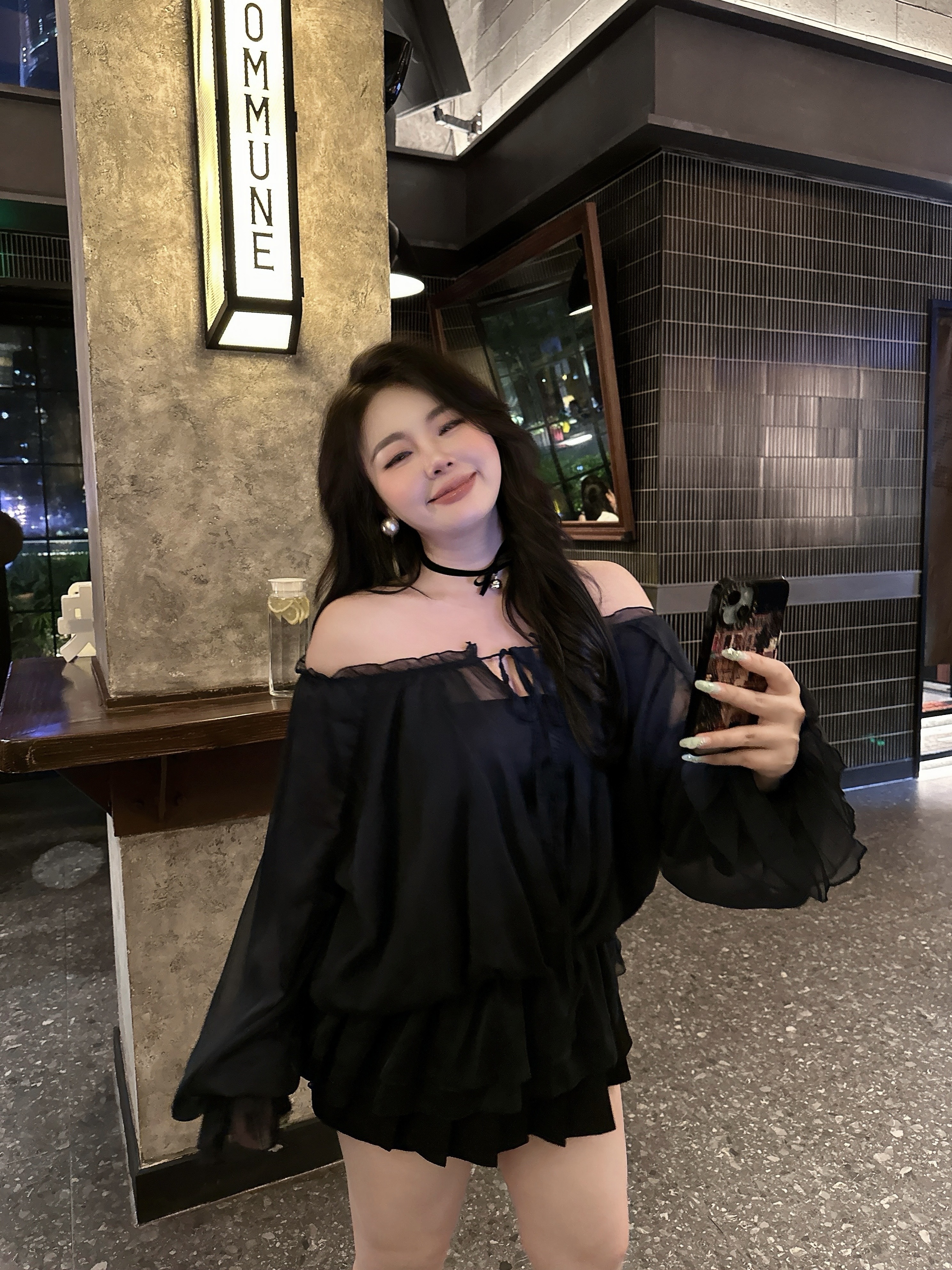 【大小姐】“恋人未满”深蓝色网纱一字肩时尚气质优雅名媛上衣宽松女