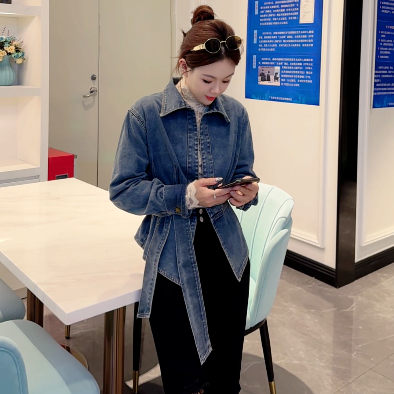 【DAN DAN】一粒扣牛仔绑带短外套