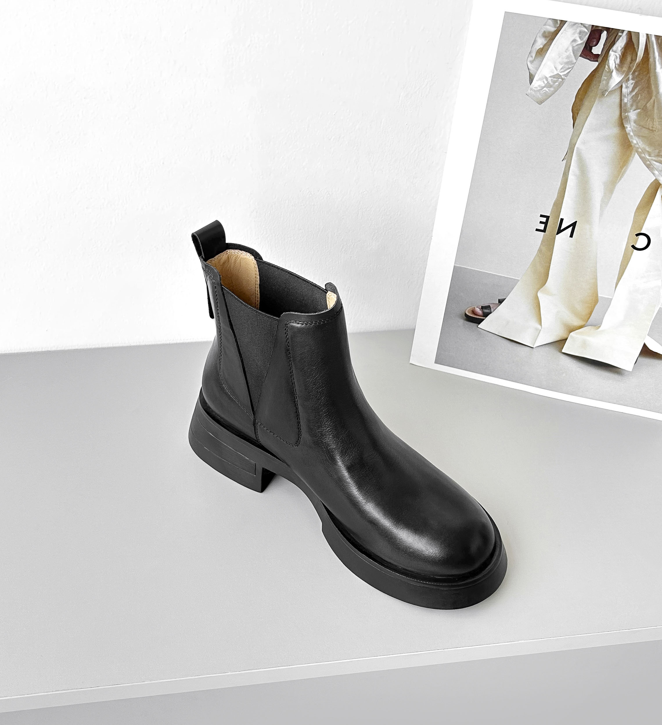 【少量现货】真皮SY1500/5cm牛皮短靴女秋冬百搭粗跟短筒女靴厚底增