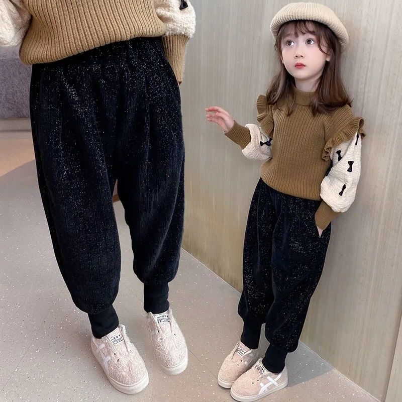 女童加绒裤子秋冬外穿2025新款韩版束脚儿童加厚保暖雪尼尔绒运动