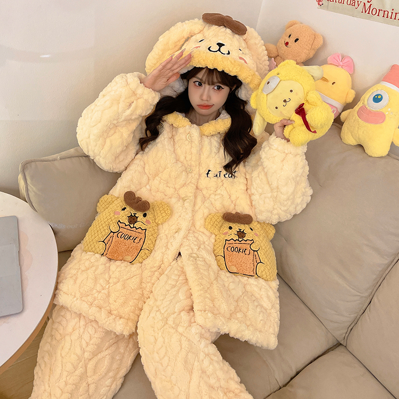 bejirog/北极绒可爱风连帽少女珊瑚绒保暖睡袍三层夹棉可外穿套装