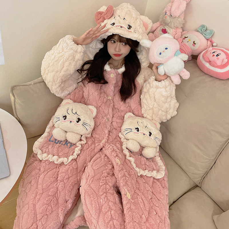 bejirog/北极绒柔软舒适长袖连帽款珊瑚绒三层夹棉少女睡袍两件套