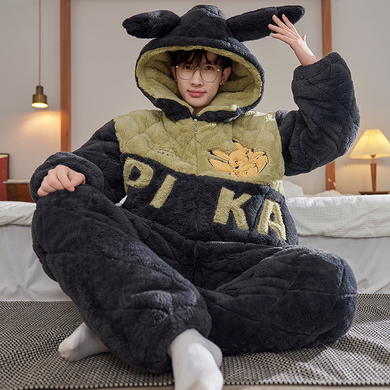 bejirog/北极绒睡衣珊瑚绒三层夹棉男士冬季保暖加绒加厚两件套装