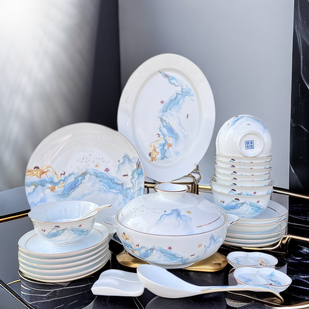 新品(蓝仙境）高白泥 景德镇高岭土新品现代中式家用高端餐具套装
