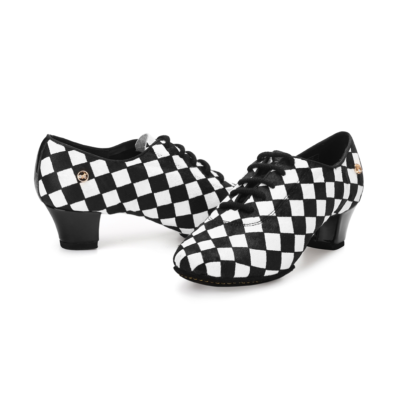 AG女拉丁missfun新款系A1006-03黑白格仔马毛皮恰恰教师练习舞鞋