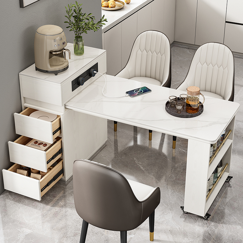 简约奶油风实木岩板岛台餐桌多功能伸缩餐桌椅组合小户型家用饭桌