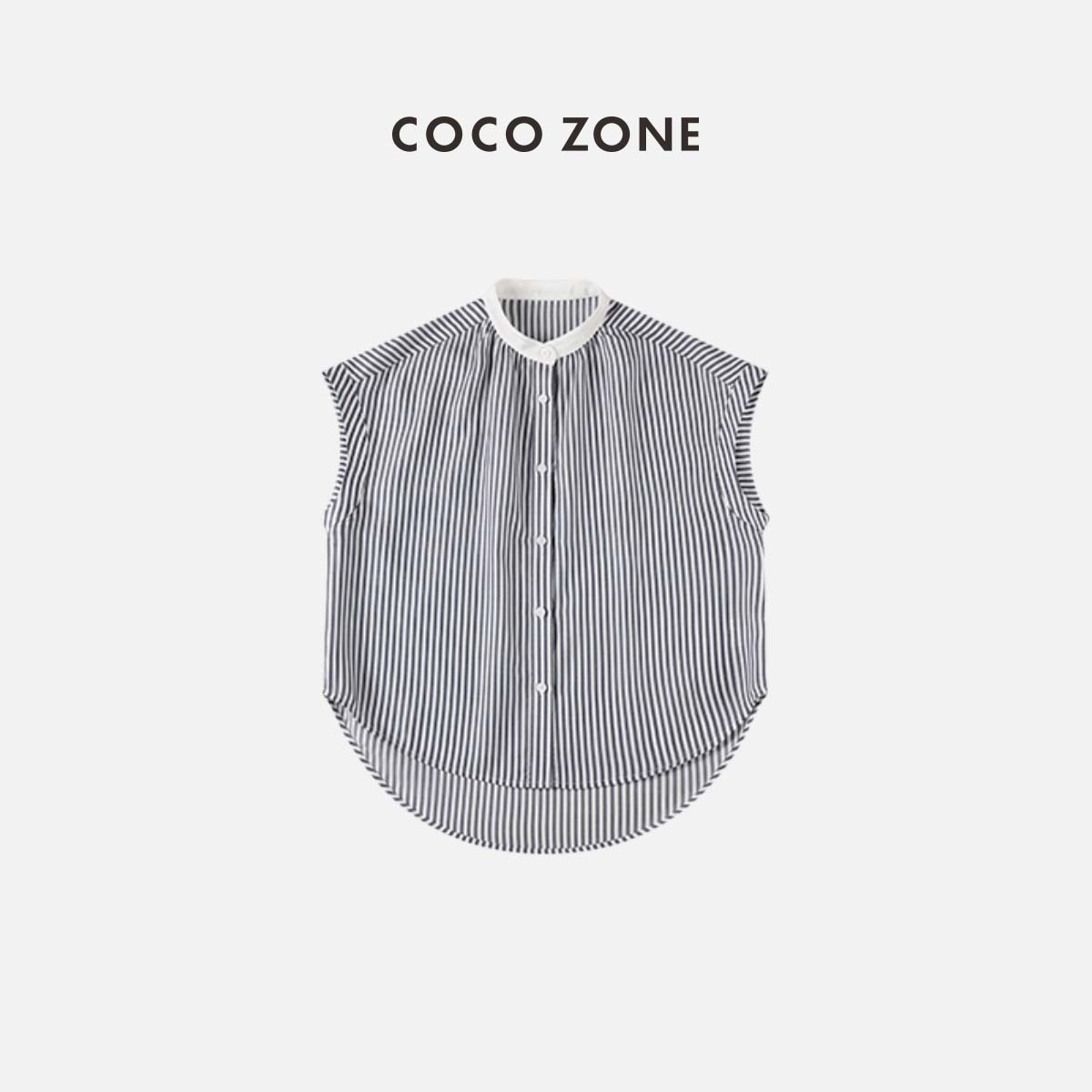 COCO ZONE 刘一一 百搭衬衣撞色领条纹无袖上衣圆下摆23C18979