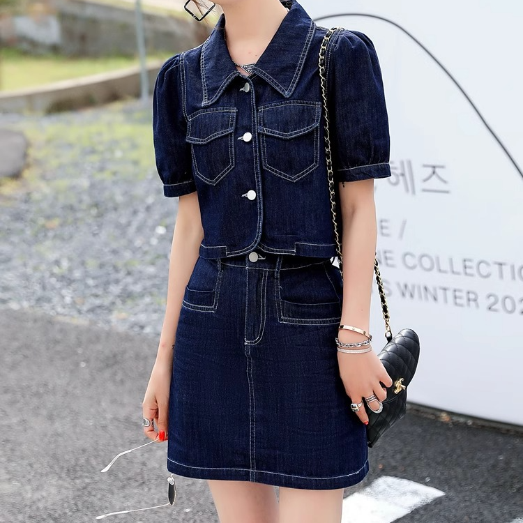 彩俏芝牛仔套装裙女2024年夏季新款时髦气质包臀半身短裙两件套