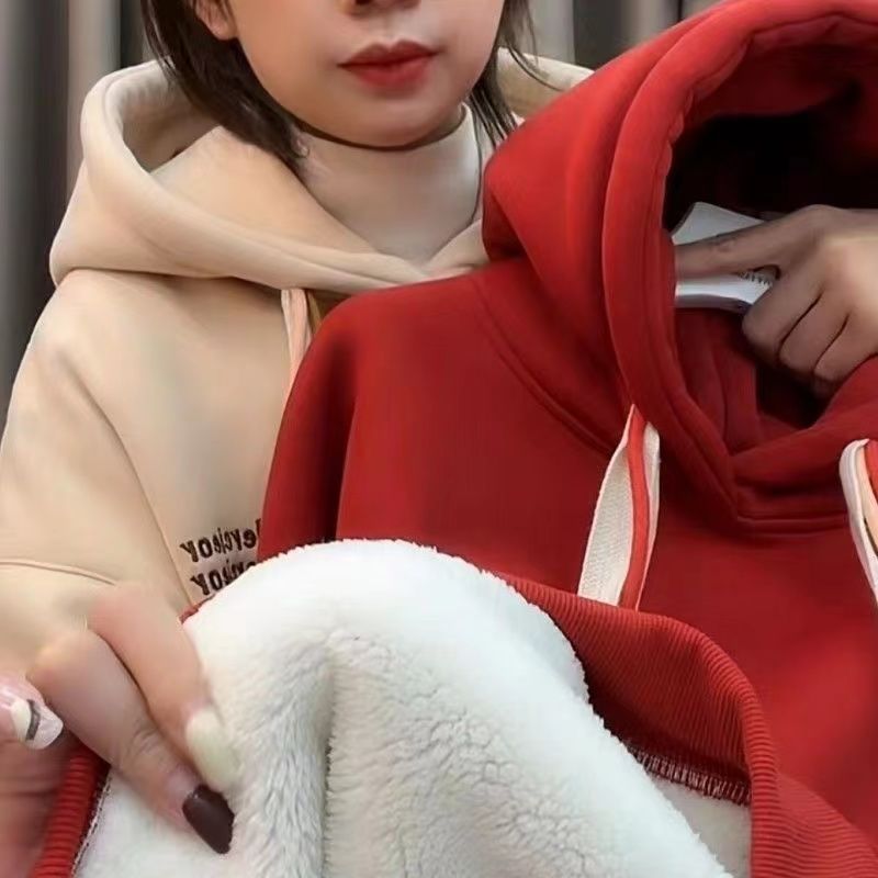 ~巨保暖外贸余单复古字母休闲连帽卫衣红色加绒加厚2023冬设计感