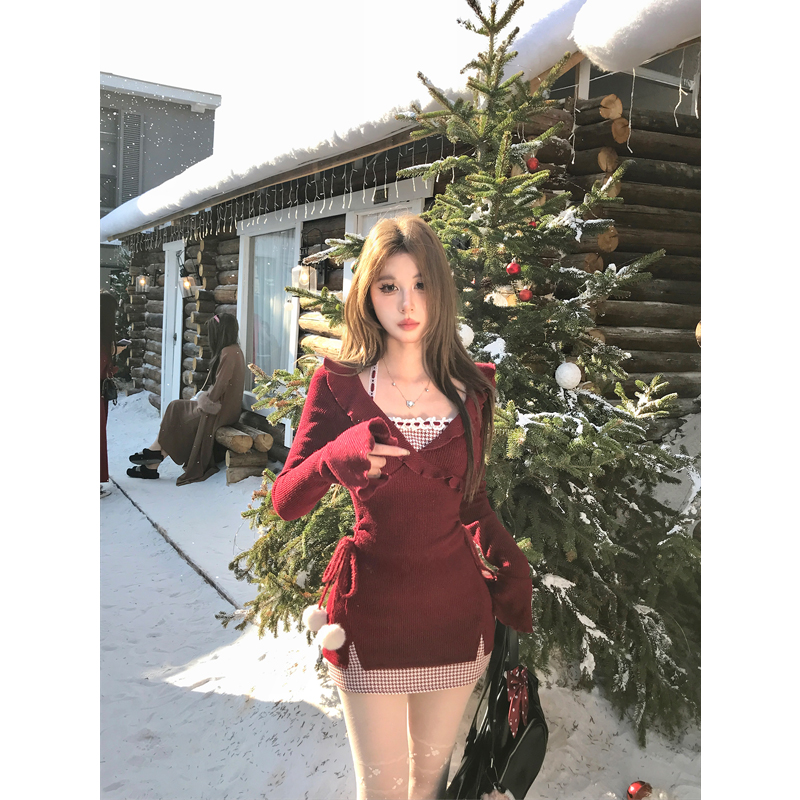 Mejiu蜜九【圣诞软妹】假两件针织连衣裙甜辣秋冬设计感显瘦裙子女